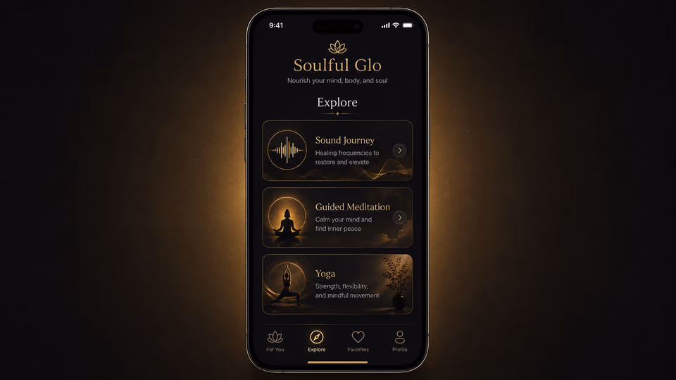SoulFul GLO app screen showing Sound Journey, Guided Meditation, and Yoga options