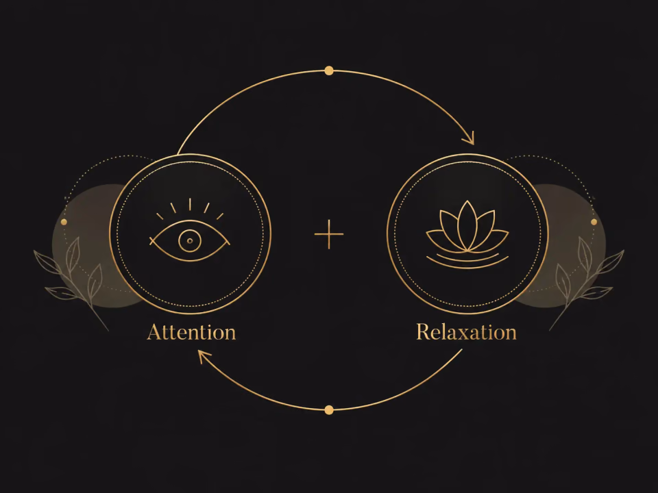 Gold illustration connecting attention and relaxation in a continuous cycle