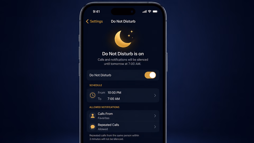 Phone screen showing Do Not Disturb enabled for a bedtime schedule