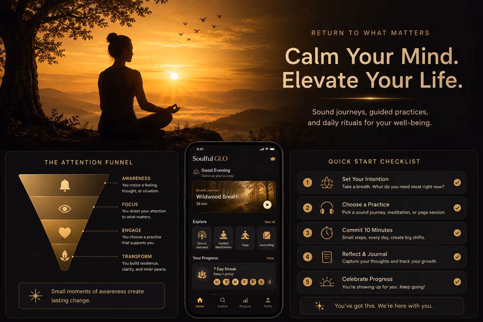 Meditation scene with SoulFul GLO quick start checklist and calm your mind message