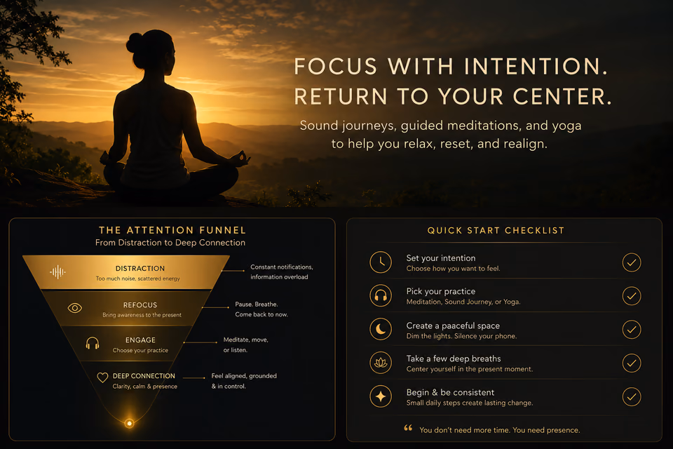 Focus with intention guide showing attention funnel and quick start checklist