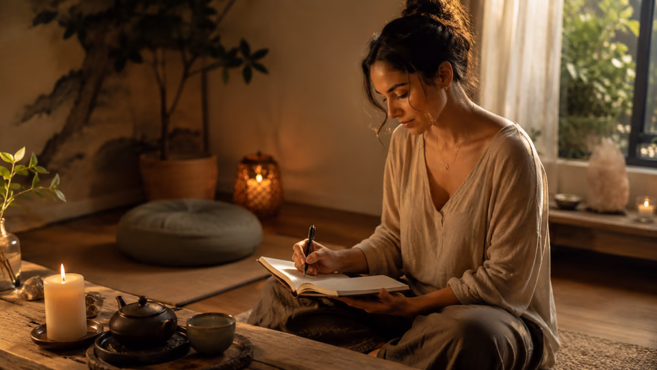 Woman journaling after meditation as part of a calming self-discovery ritual