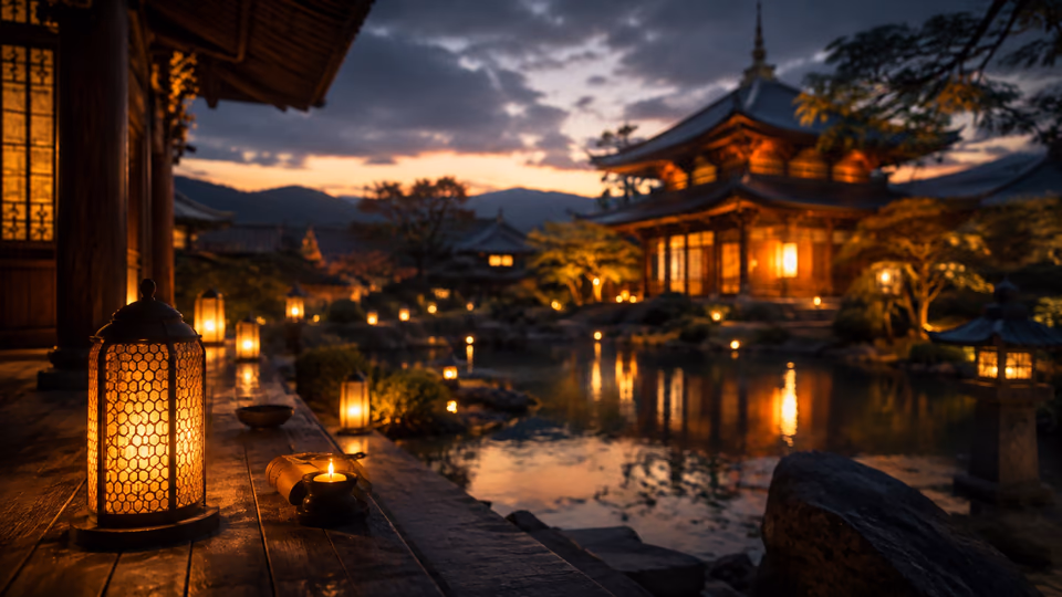 Lanterns glowing in a twilight temple garden beside still water