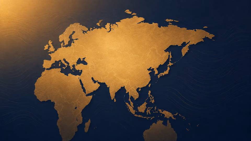 Gold-toned map highlighting Asia and surrounding regions