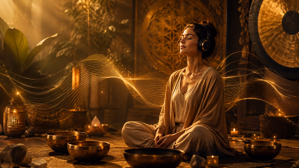 Person listening to sound healing meditation with calming sound waves and a peaceful SoulFul GLO atmosphere