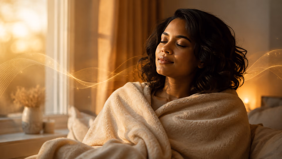 Woman practicing meditation for burnout with soft light and calming SoulFul GLO sound journey atmosphere