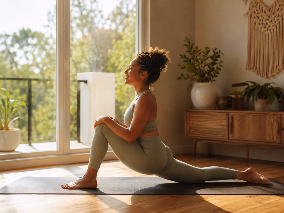 Woman practicing a gentle morning yoga low lunge in warm light