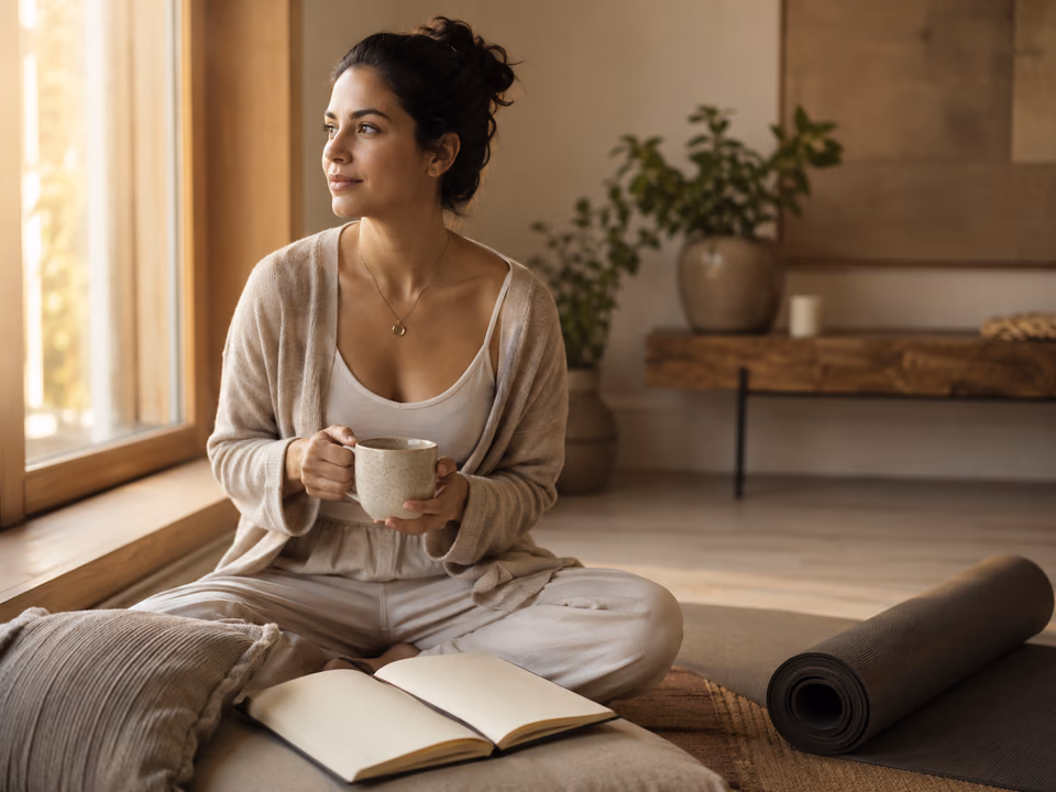 Woman sitting peacefully with tea and a journal during a soft morning self care ritual