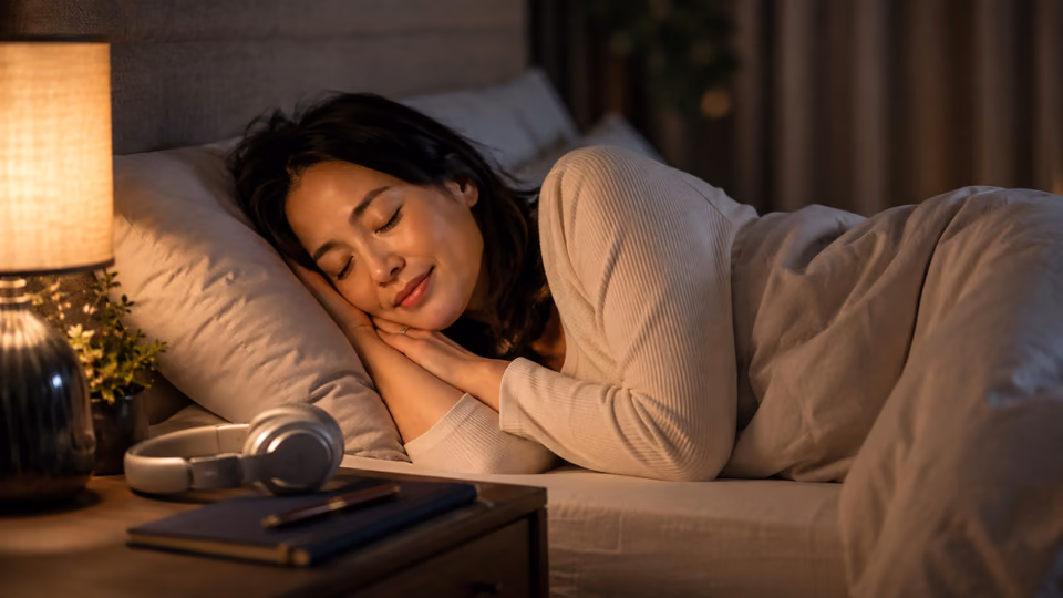 Woman using a SoulFul GLO sound journey to calm anxiety before sleep