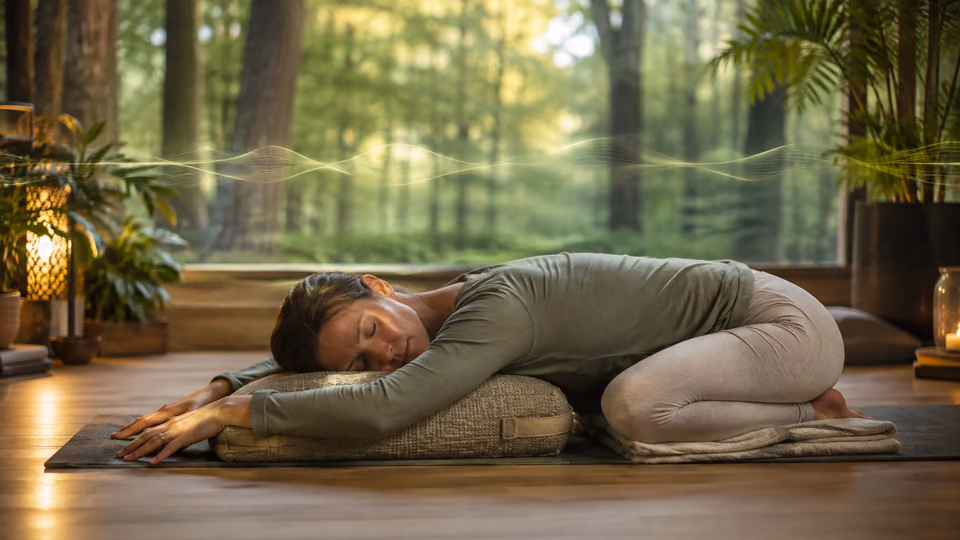 Gentle restorative yoga paired with calming flute meditation for emotional balance