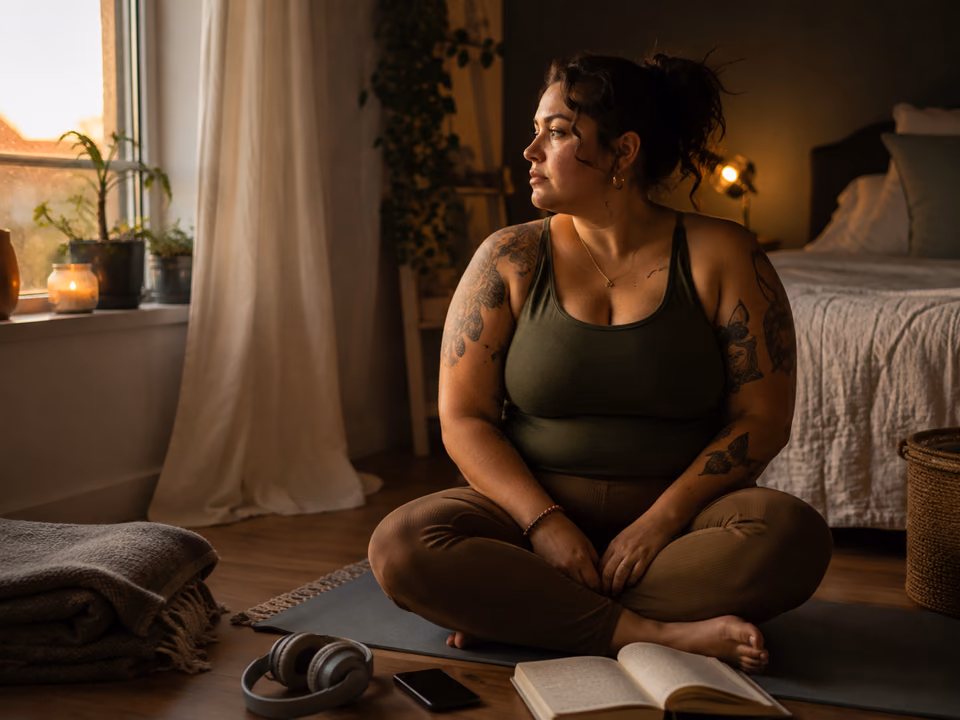 Woman creating an evening self care routine with journaling, gentle yoga, and sleep sounds