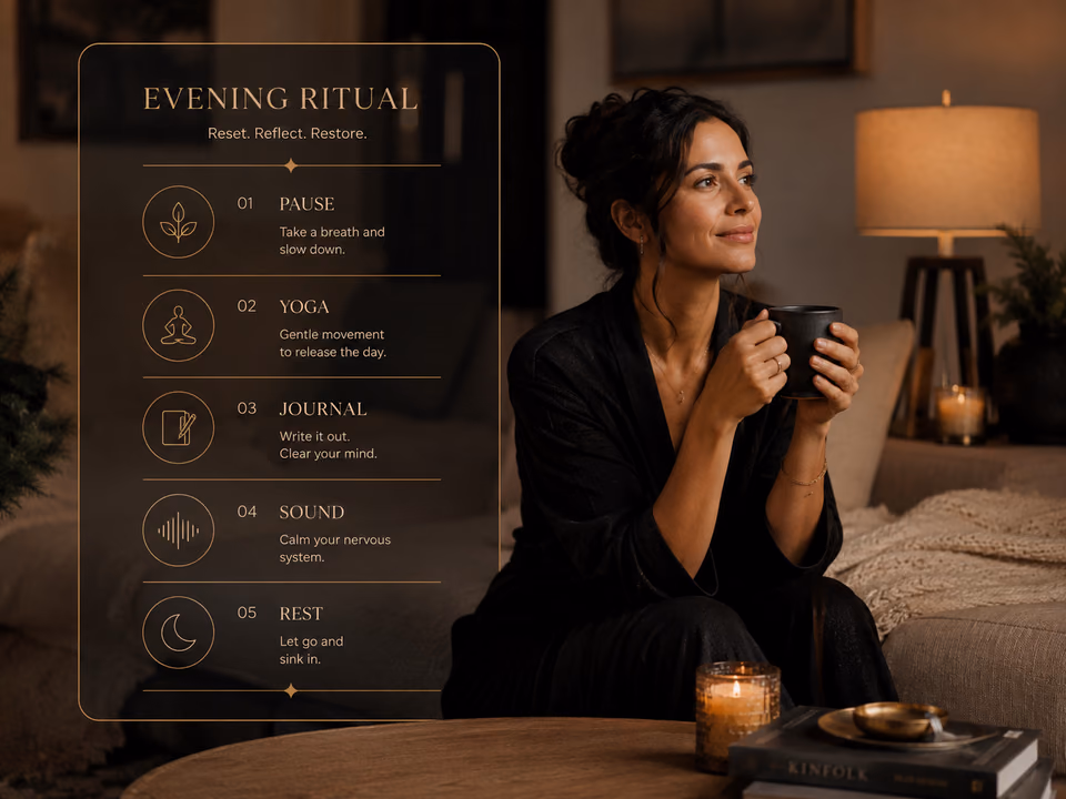 Five-step evening self care routine with yoga, journaling, and sleep sounds