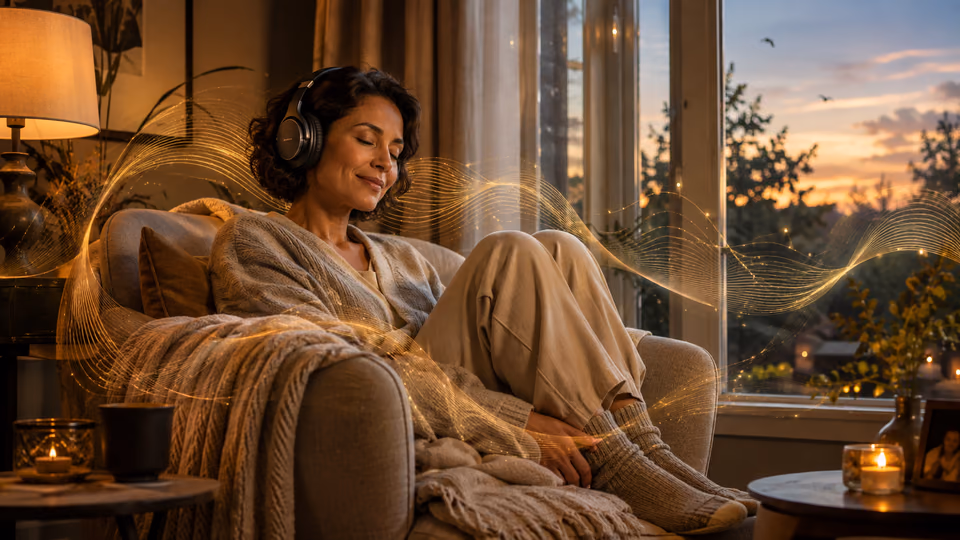 Woman listening to calming sounds for anxiety with birdsong and gentle soundscapes