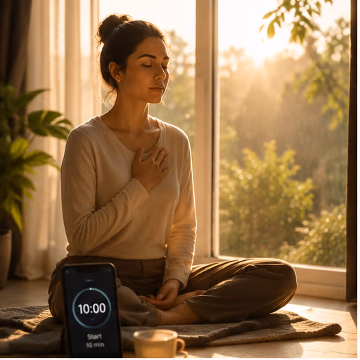 Woman practicing a 10 minute meditation for anxiety with calming guided audio