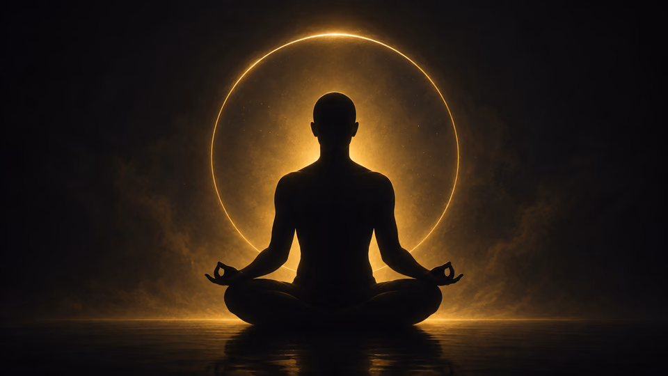 Meditating figure silhouetted against a golden glowing circle