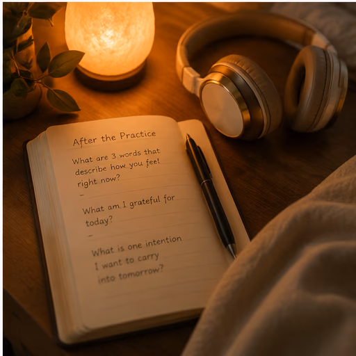 Guided meditation journal prompts beside headphones after a calming practice