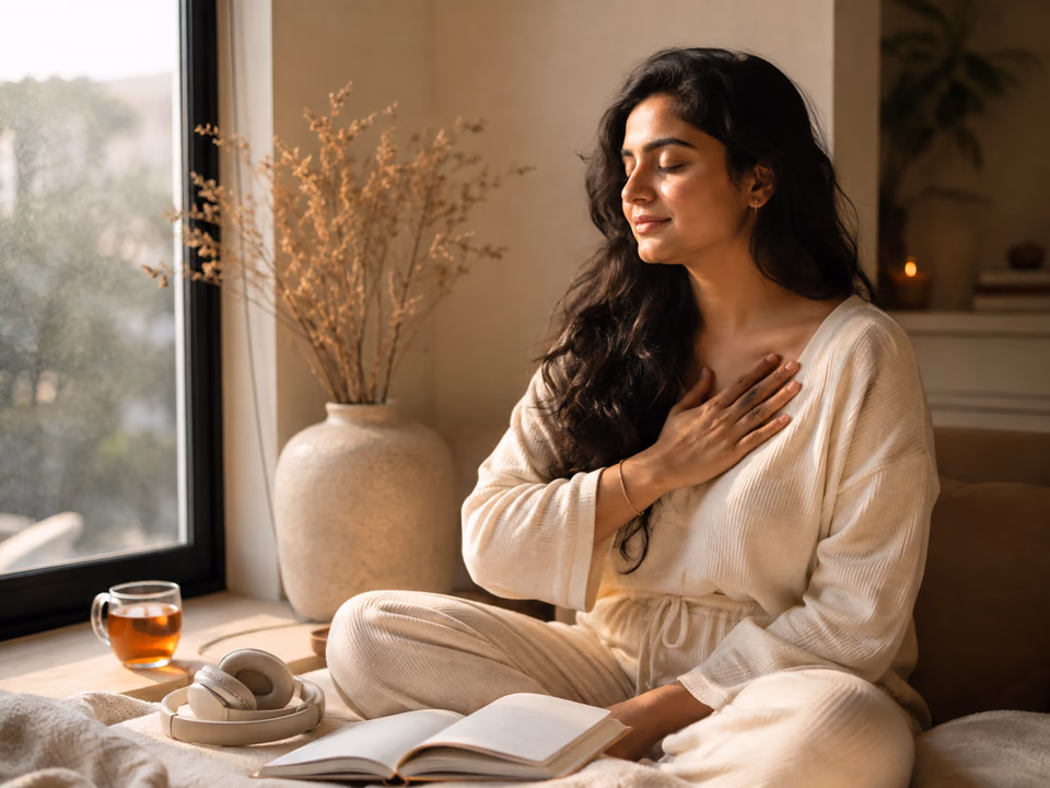 Woman practicing stress relief for women with meditation, journaling, and calming sound