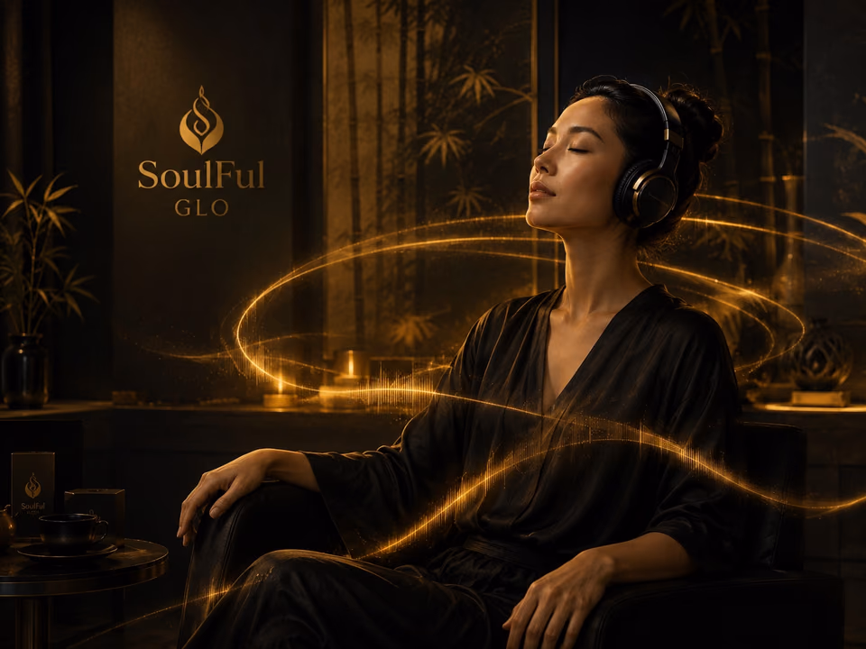 Woman using a sound healing app with calming sound journeys and meditation audio