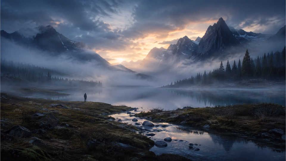 Solitary figure beside a misty northern lake surrounded by dramatic mountains at dawn
