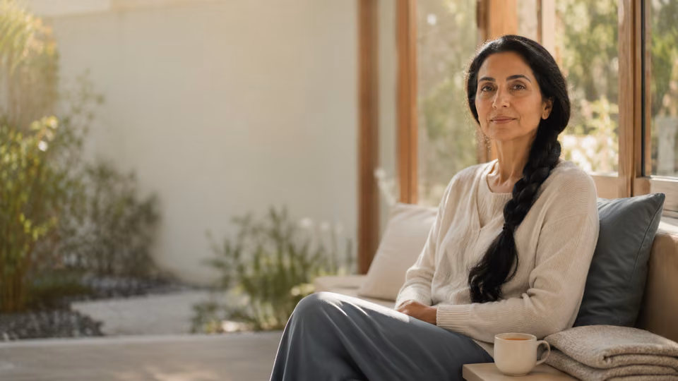 Woman resting by a sunlit window while using breathing meditation to relax anxiety