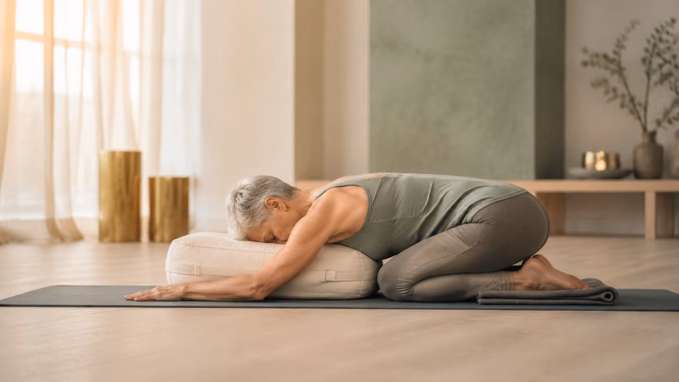 Woman in supported Child's Pose pairing gentle yoga with a breath reset for anxiety