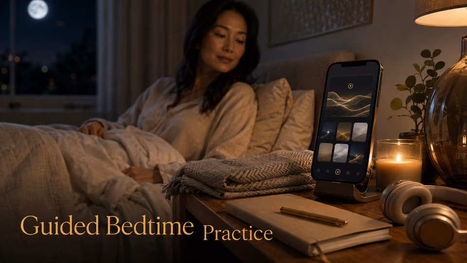 Woman using a guided bedtime practice to help a busy mind soften before sleep