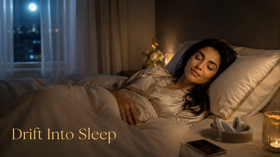 Woman drifting into sleep after a gentle guided nighttime meditation