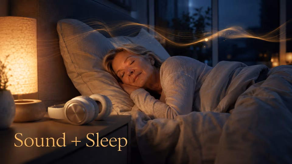 Woman resting beside headphones while calming sound supports a peaceful bedtime ritual