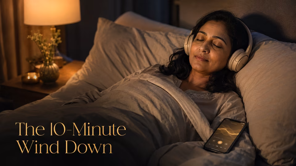 Woman listening to a 10 minute sleep meditation before bed with SoulFul GLO