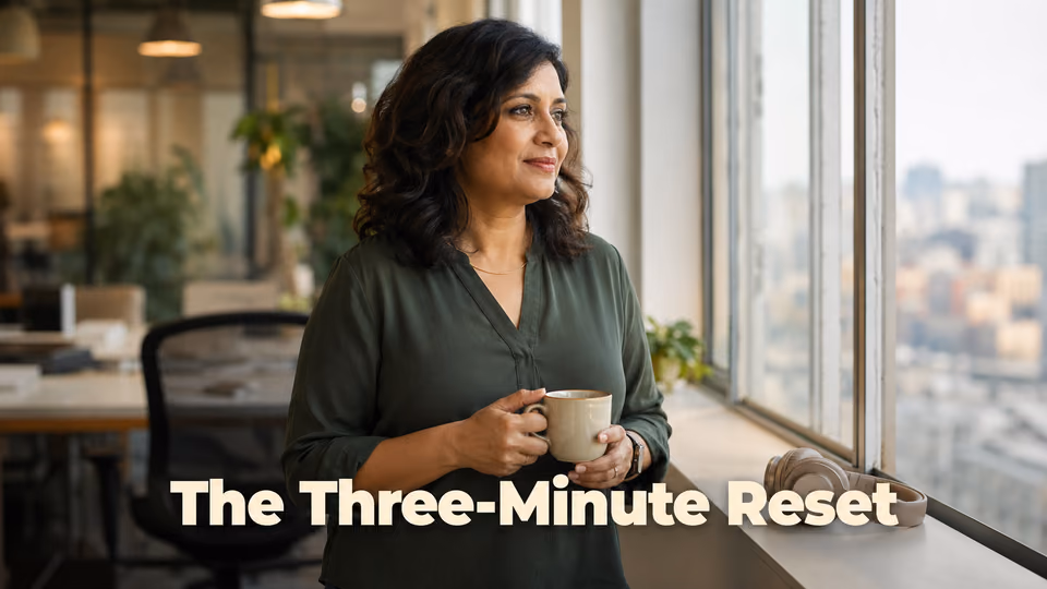 Woman taking a three-minute mindfulness pause during a busy day