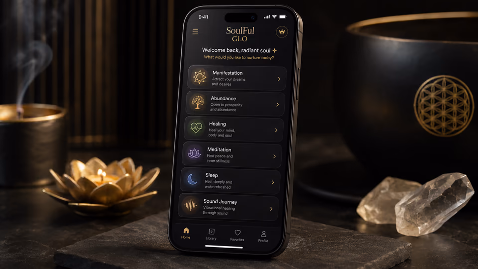 SoulFul GLO manifestation app showing manifestation, abundance, healing, meditation, sleep, and sound journey categories