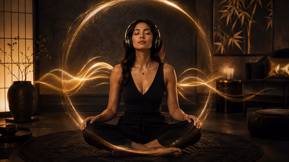 Woman using a manifestation app ritual with guided meditation, sound journeys, and intention-setting