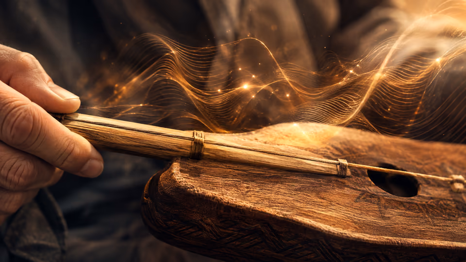 Peña-inspired Far East healing sounds represented as warm golden sound waves for manifestation and meditation