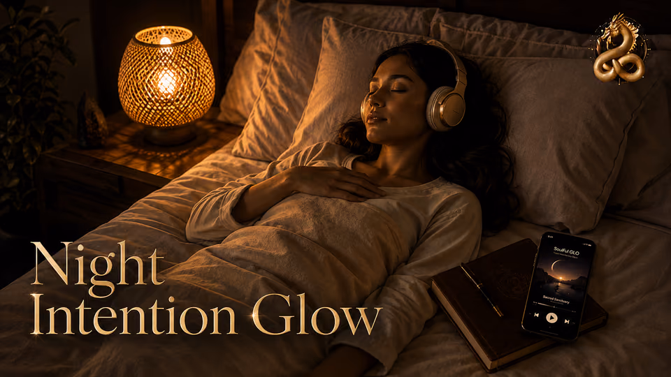 Woman listening to sleep manifestation meditation with sound journeys and bedtime journaling